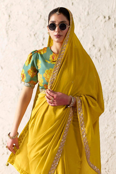 Fancy Border Work Function Wear Yellow Tissue Silk Saree