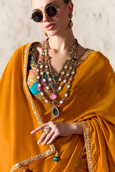 Mustard Tissue Silk Function Wear Border Work Saree With Fancy Blouse