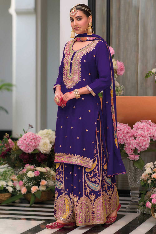 Chinon Fabric Blue Color Stylish Readymade Palazzo Suit
