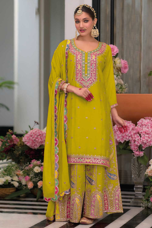 Chinon Fabric Light Green Color Beatific Readymade Palazzo Suit