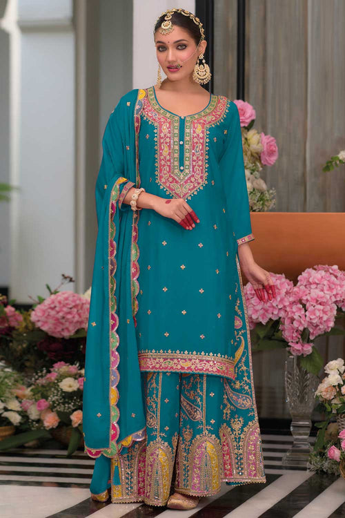 Chinon Fabric Captivating Teal Color Readymade Palazzo Suit