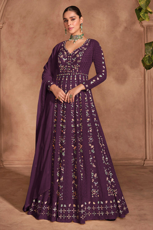 Chinon Fabric Purple Color Long Flair Anarkali Salwar Kameez