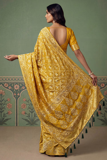 Luxury Yellow Designer Art Silk Zari Weaving Work Saree With Fancy Blouse