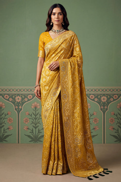 Luxury Yellow Designer Art Silk Zari Weaving Work Saree With Fancy Blouse