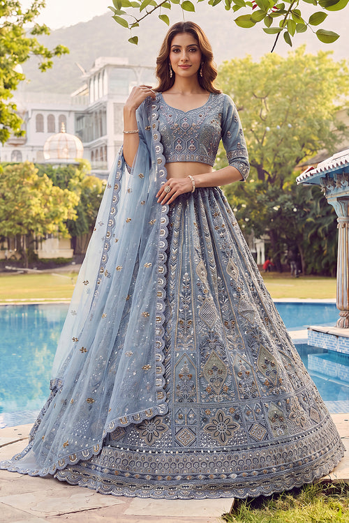 Luxury Grey Net Wedding Collection Lehenga Choli