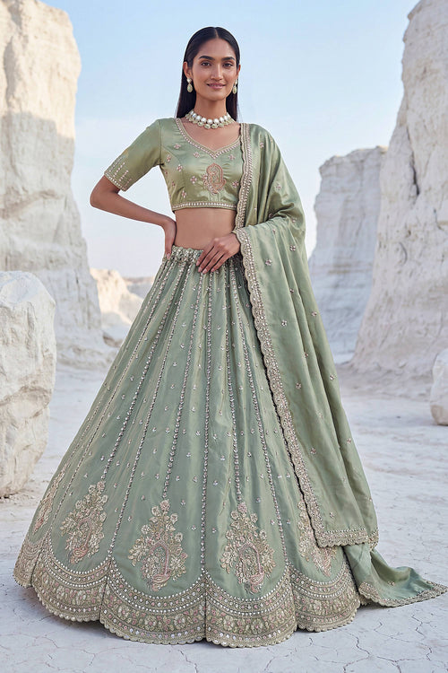 Embroidered Sea Green Silk Sangeet Wear Lehenga Set