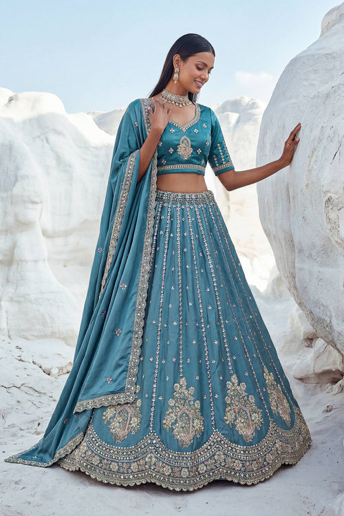 Sky Blue Silk Lehenga Choli With Fancy Embroidered Work