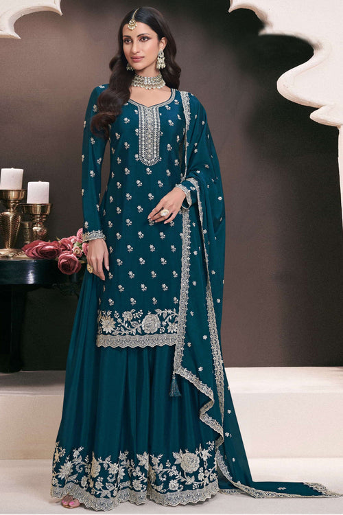 Teal Chinon Embroidered Readymade Palazzo Salwar Kameez