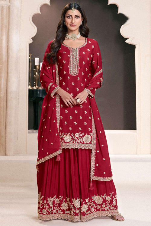 Embroidered Chinon Red Color Readymade Palazzo Suit