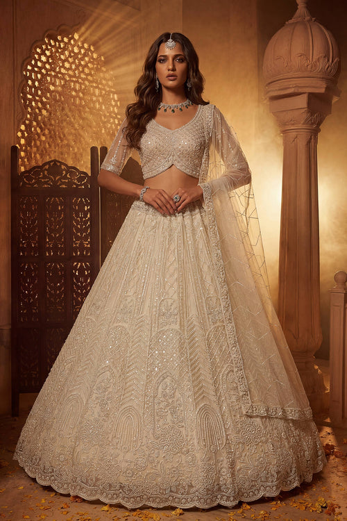 Premium Beige Embroidered Wedding Lehenga Choli For Women