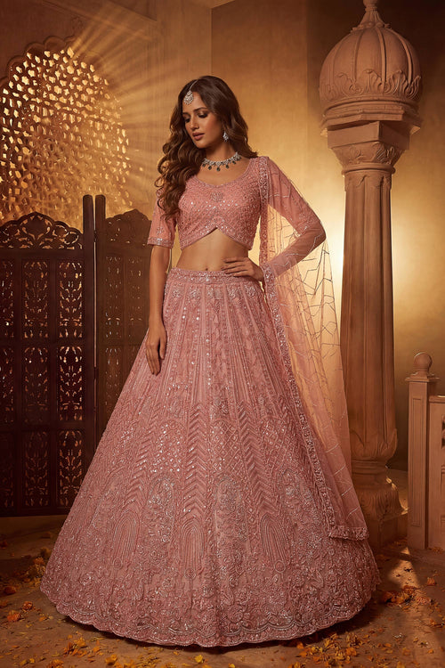 Designer Thread Embroidered Peach Wedding Lehenga Choli