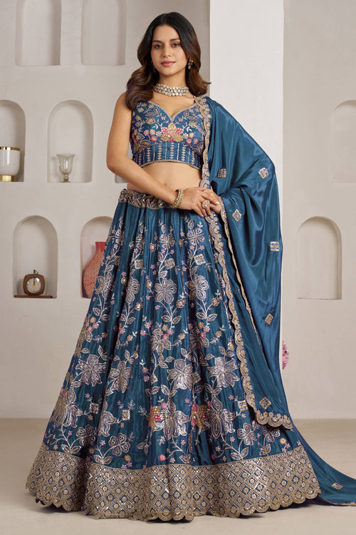 Crepe Silk Navy Blue Embroidered Wedding Lehenga Choli For Women