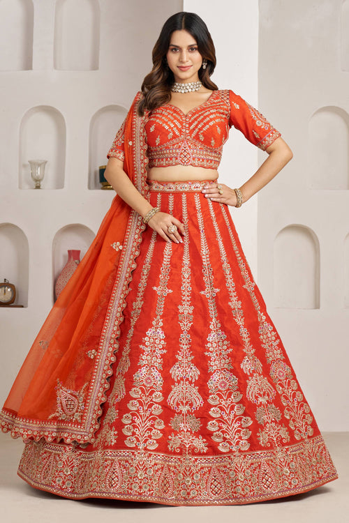 Heavy Embroidered Rust Silk Sangeet Lehenga Choli For Women