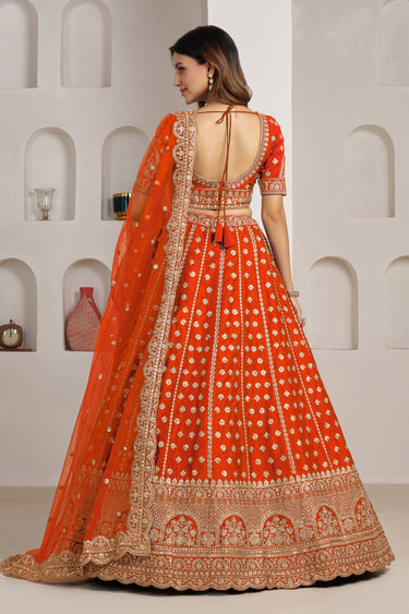Designer Thread Embroidered Rust Sangeet Function Lehenga Choli