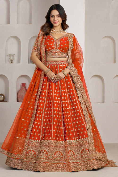 Designer Thread Embroidered Rust Sangeet Function Lehenga Choli