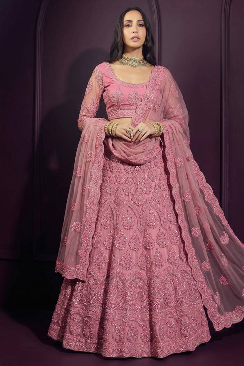 Elegant Pink Net Fabric Wedding Wear Lehenga Choli