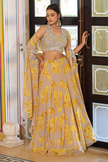 Yellow Sangeet Function Floral Printed Readymade Lehenga Choli Cape Style Dupatta