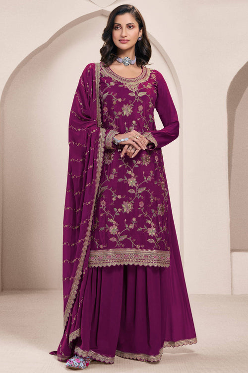 Purple Chinon Palazzo Suit Sets With Dupatta