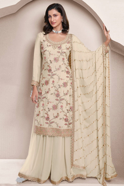 Designer Chinon Beige Palazzo Suit With Embroidered Work