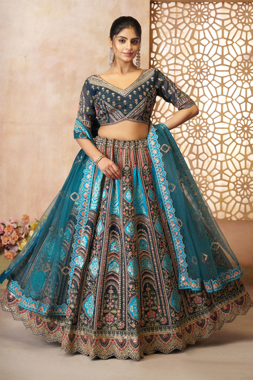 Cyan Designer 3 Piece Lehenga Choli In Banarasi Silk Fabric