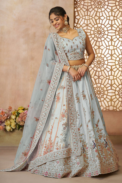 Silk Grey Wedding Wear 3 Piece Lehenga With Enigmatic Blouse