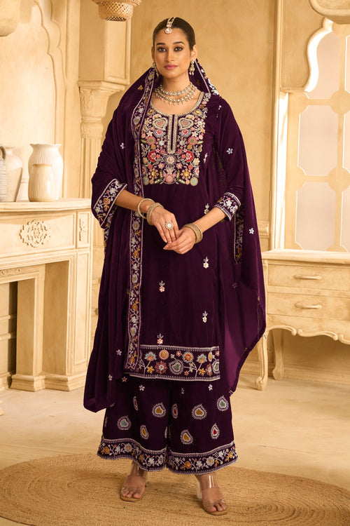 Velvet Purple Palazzo Salwar Suit Set With Dupatta