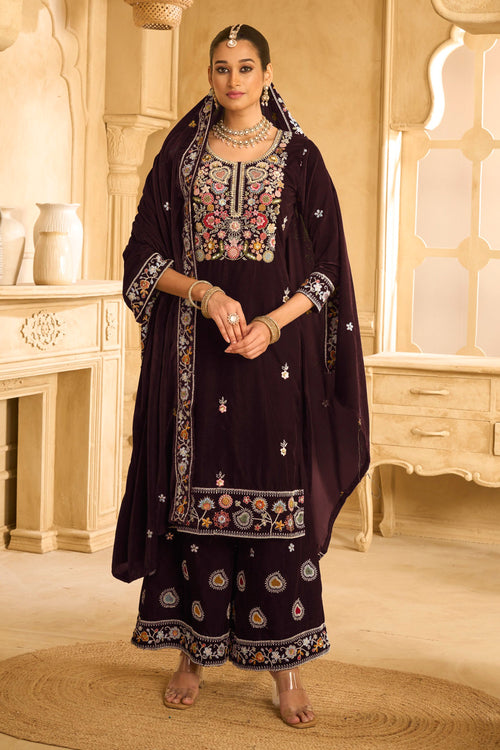 Brown Embroidered Velvet Palazzo Salwar suit