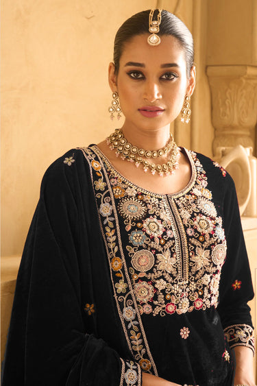 Black Color Velvet Embroidered Salwar Kameez