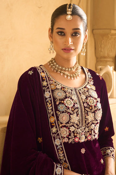 Wine Embroidered Velvet Palazzo Salwar Kameez