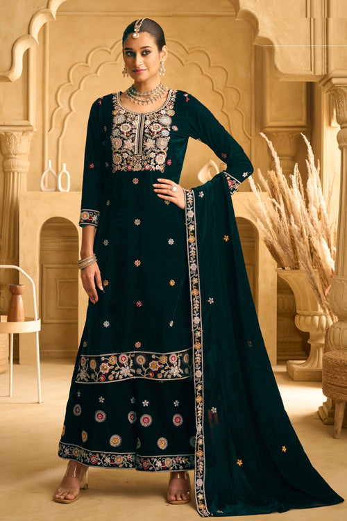 Dark Green Embroidered Velvet Palazzo Salwar Suit For Sangeet Wear