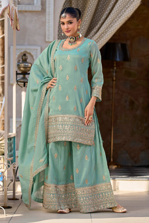 Light Cyan Color Fancy Fabric Designer Readymade Palazzo Suit