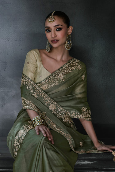 Traditional Olive Embroidered Organza Tissue Silk Saree With Unstitched Blouse