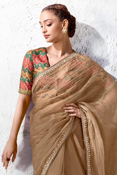 Brown Lace Work Designer Organza Silk Saree