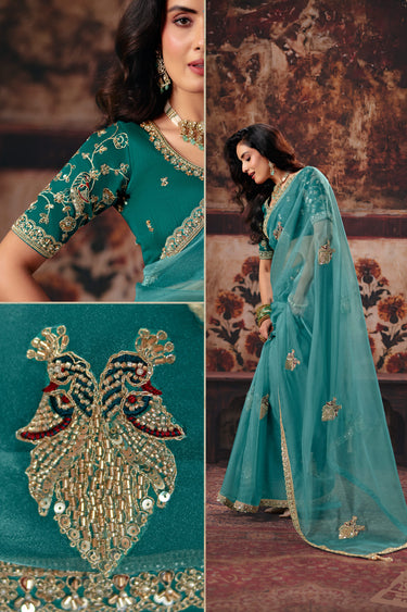 Lace Border Work Organza Cyan Designer Saree