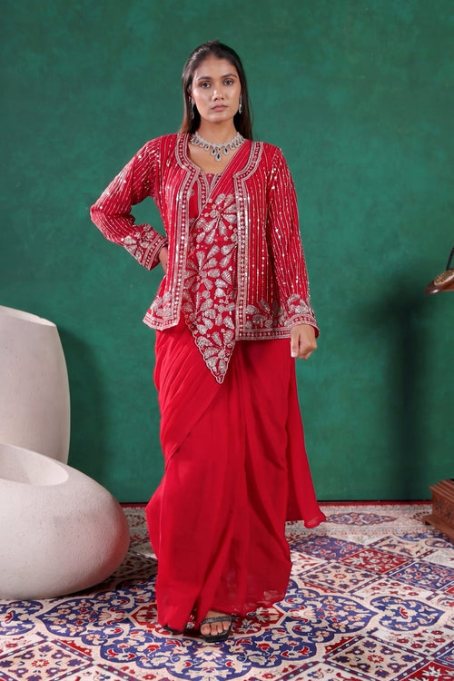 Women Designer Sequins Embroidered Party Wear Readymade Saree With Jacket