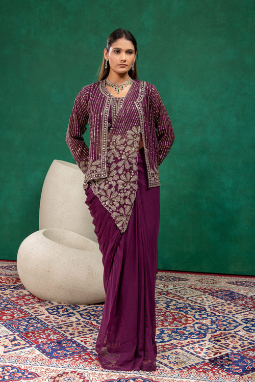 Premium Georgette Sequins Work Embroidered Pre Stitched Sarees With Jacket