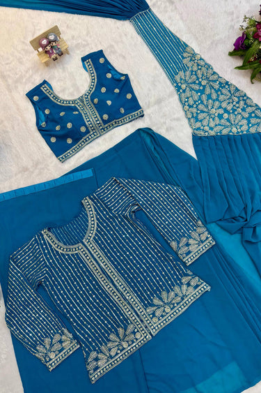 Elegant Sequins Embroidered Festive Wear Readymade Saree With Jacket
