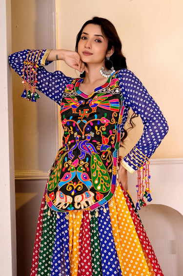 Designer Bandhej Print Chaniya Choli With Embroidered Peacock Motif