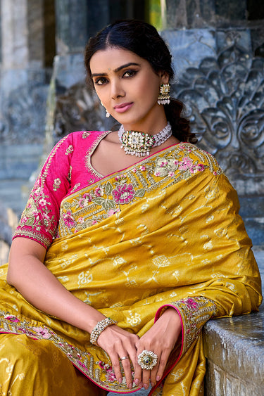 Designer Fancy Tissue Silk Bridal Saree With Raw Silk Blouse