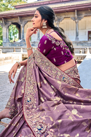 Premium Tissue Silk Heavy Embroidered Wedding Saree With Raw Silk Unstitched Blouse