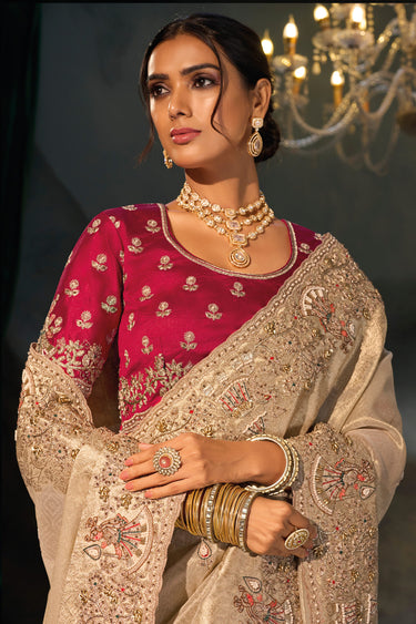 Classic Cream Kanjivaram Traditional Wedding Saree With Unstitched Blouse