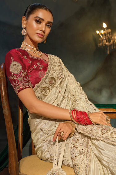 Timeless Beige Kanjivaram Silk Wedding Collection Saree With Unstitched Blouse