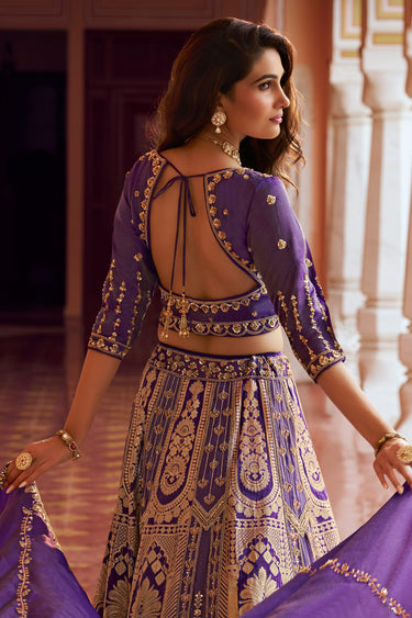 Designer Banarasi Silk Purple Bridal Lehenga With Fancy Zari Work And Dupatta