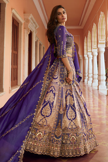 Designer Banarasi Silk Purple Bridal Lehenga With Fancy Zari Work And Dupatta