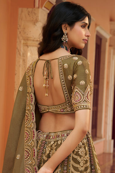 Olive Premium Banarasi Silk Heavy Zari Embroidered Bridal Lehenga Choli
