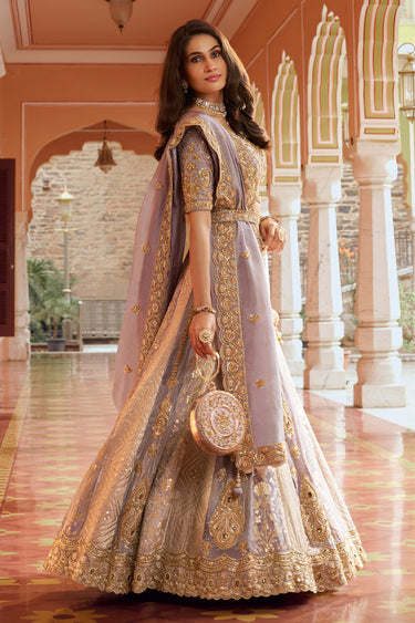 Traditional Banarasi Silk Zari Work Lavender Unstitched Lehenga Choli With Dupatta