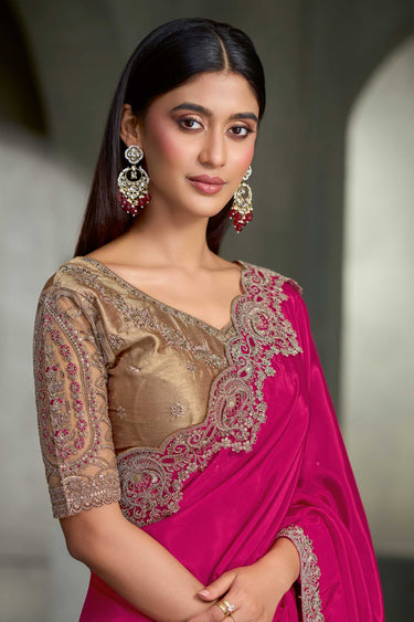 Fancy Embroidered Border Crepe Silk  Magenta Saree With Matching Contrast Blouse