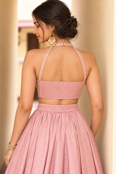 Function Wear Art Silk Designer Pink Corset Top With Lehenga