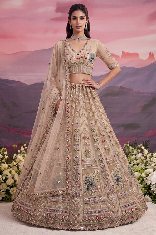 Premium Sequins Embroidered Beige Wedding Wear Lehenga Choli