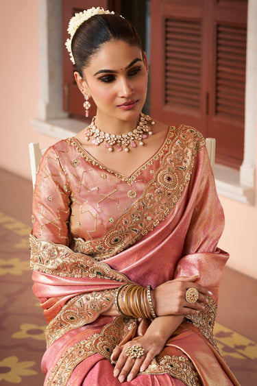 Classic Pink Bridal Kanjivaram Silk Saree With Unstitched Blouse